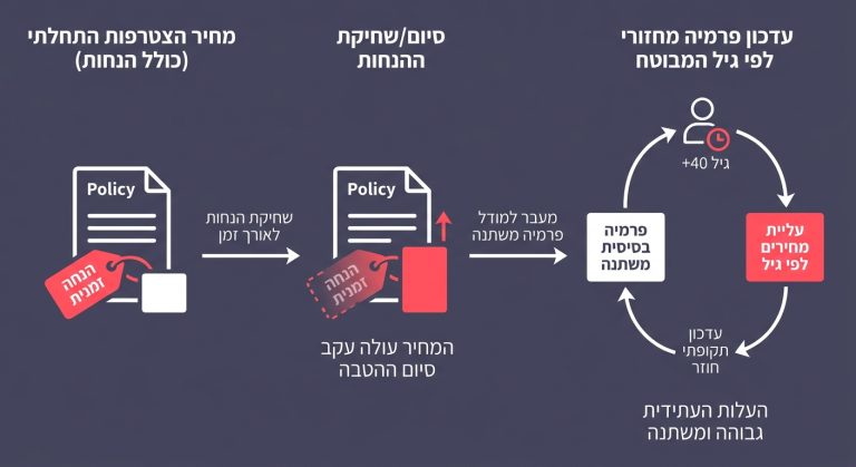 תרשים הממחיש כיצד פוליסת ביטוח מתחילה בהנחה זמנית ולאחר מכן הפרמיה מתעדכנת ועולה עם גיל המבוטח לאורך השנים
